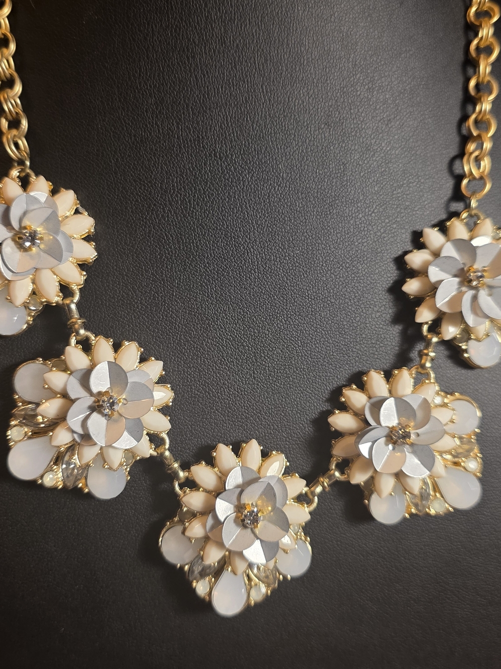 Floral Statement Necklace in White, Pale Blue & Gold Tone. Wedding Necklace.